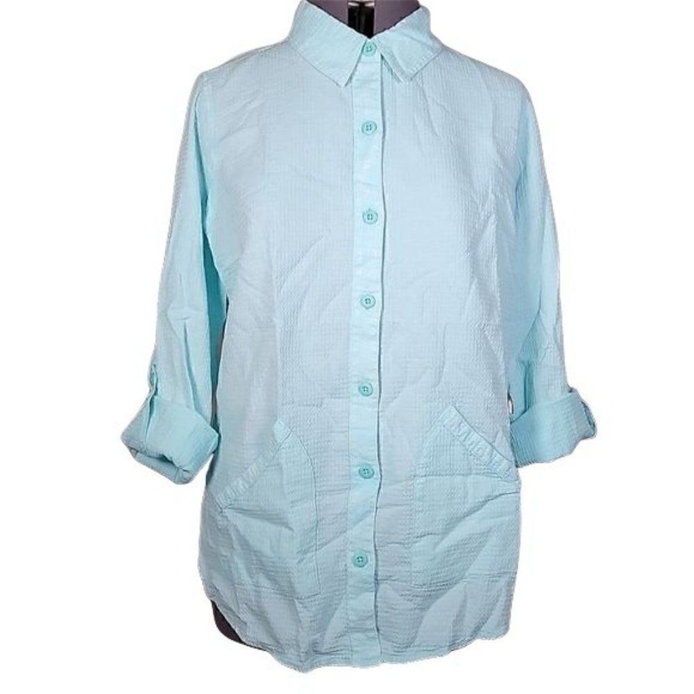 NWOT Denim & Co Waffle Button Front Collared Tunic Sz S